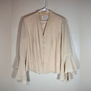 J R Nites Women’s Blouse Size 16W Cream Polyester Blazer Shoulder Pads Beaded